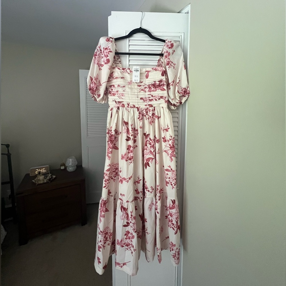 Abercrombie & Fitch Emerson Poplin Puff Sleeve Midi Dress - Pink, XS Regular